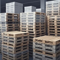 Stacks of new wooden pallets in a warehouse for shipping and logistics.