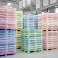 Stacks of colorful plastic pallets neatly arranged in a modern industrial warehouse setting.