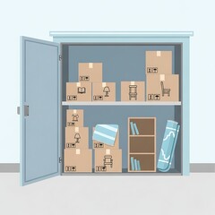 Storage cabinet filled with cardboard boxes and other items.