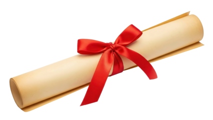Rolled diploma certificate tied with red ribbon, cut out, stock png, isolated on transparent background