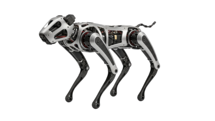 Silver robotic dog walking, advanced quadruped robot, modern technology concept, cut out, stock png, isolated on transparent background