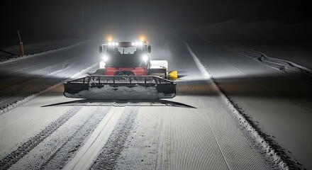 Snowplow clearing a snowy road at night with bright headlights illuminating the path.