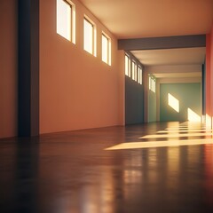 Sunlight streams through windows in a long empty modern hallway.