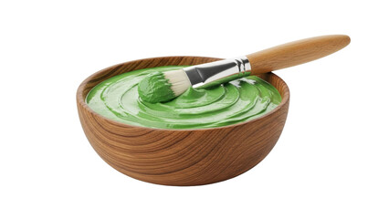 Wooden bowl holds green facial mask with cosmetic brush, cut out, stock png, isolated on transparent background
