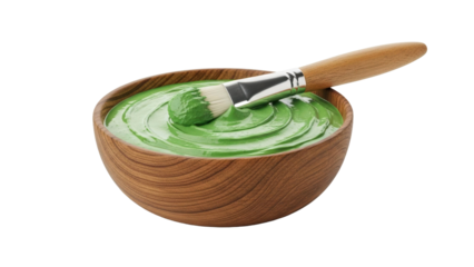 Wooden bowl holds green facial mask with cosmetic brush, cut out, stock png, isolated on transparent background