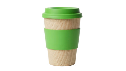 Reusable wood textured coffee travel mug with green silicone lid and sleeve, cut out, stock png, isolated on transparent background