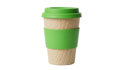 Reusable wood textured coffee travel mug with green silicone lid and sleeve, cut out, stock png, isolated on transparent background
