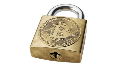 Bitcoin gold padlock symbolizing digital currency security, cut out, stock png, isolated on transparent background