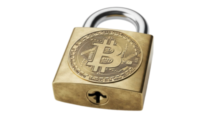 Bitcoin gold padlock symbolizing digital currency security, cut out, stock png, isolated on transparent background