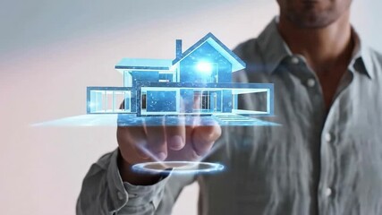Man holding a futuristic holographic blueprint of a modern house. - Powered by Adobe