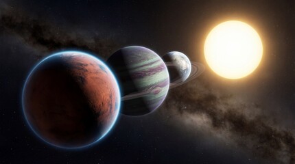 Realistic alien solar system with multiple planets aligned near a bright star, realistic atmospheric glow, detailed planetary surfaces, deep space clouds, ultra-cinematic lighting, photoreal shadows, 