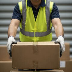 Warehouse employee in safety vest and gloves carefully lifting a brown delivery box.