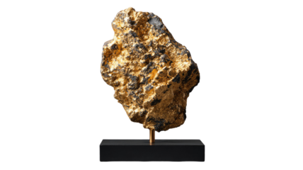 Natural gold ore specimen mounted on pedestal with metallic texture mineral geology display isolated on white background