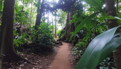 Path through a lush green tropical rainforest with dense foliage and tall trees
