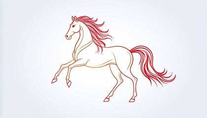 Elegant Rearing Horse Line Art with Red Mane and Tail Illustration