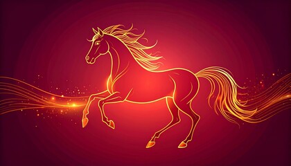 Vibrant Golden Outline of a Rearing Horse on a Deep Red Gradient Background