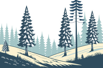 Winter Landscape with Snow-Covered Hills, Pine Trees sunrise and birds. Nature background for Christmas or New Year. Peaceful wintertime scene.