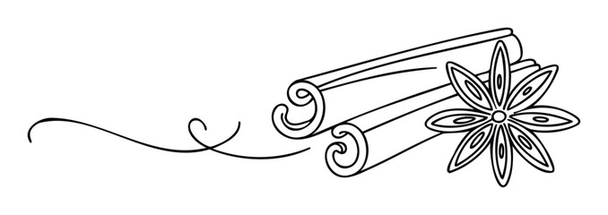 Elegant line drawing of cinnamon sticks and star anise with a decorative swirl, perfect for foodrelated packaging, recipe book covers, or aromatic product branding.