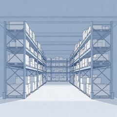 Warehouse interior with shelves full of boxes, perspective view.