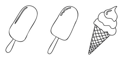 Simple line drawings of various frozen dessert treats including a classic ice cream cone and two popsicles perfect for summer themed food graphics or coloring pages