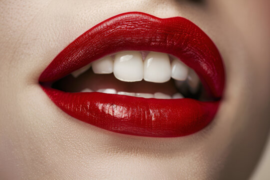 Zbliżenie czerwonych ust z błyszczącą szminką i białymi zębami, makijaż glamour i sensualna uroda.