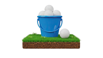 Blue bucket overflowing with golf balls on grass