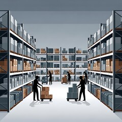 Warehouse interior with workers and shelves full of boxes.