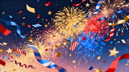 Colorful fireworks and confetti burst in a festive night sky with stars and ribbons.