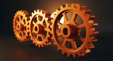 Three Golden Gears Interlocked on a Dark Background Representing Teamwork and Precision.