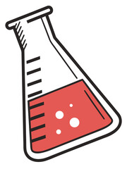 A stylized Erlenmeyer flask filled with red liquid and white bubbles, symbolizing scientific experimentation or chemical analysis.