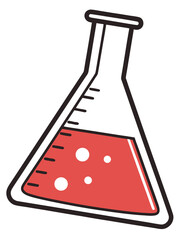 An Erlenmeyer flask (a conical laboratory flask) partially filled with red liquid. Small white bubbles are rising in the liquid, suggesting a chemical reaction or boiling.