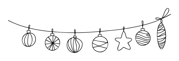 Festive string of decorative holiday ornaments featuring various geometric shapes and a star, perfect for seasonal greetings, winter celebrations, and cheerful event decorations