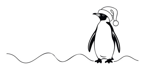 Fototapeta premium Simple black outline drawing of a happy penguin wearing a festive Santa hat, standing on a wavy line, perfect for holiday greetings, winter events, or seasonal marketing materials.