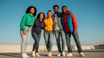 Fototapeta premium Group of Diverse Happy Friends Standing Together Outdoors Enjoying Sunny Day Smiling and Laughing in Casual Clothing on Clear Sky Background for Friendship and Lifestyle Themes