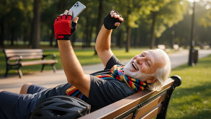 Elderly woman enjoying outdoor relaxation on park bench taking selfie with smartphone smiling happy sunny day leisure activity senior lifestyle wellness health outdoor scene