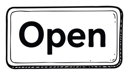 Bold open sign with an expressive handdrawn outline and prominent black lettering, ideal for welcoming customers to shops, restaurants, and various commercial venues, indicating immediate