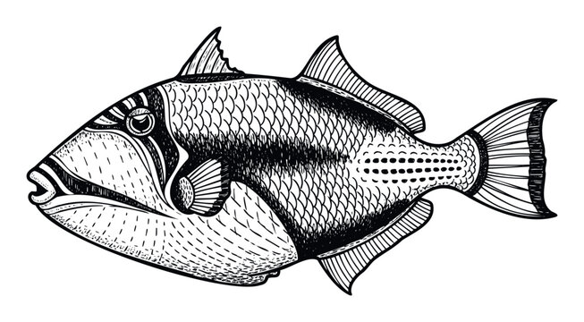 Detailed black and white triggerfish with a textured woodcut effect suitable for scientific publications, nature conservation initiatives, and ocean exploration presentations.