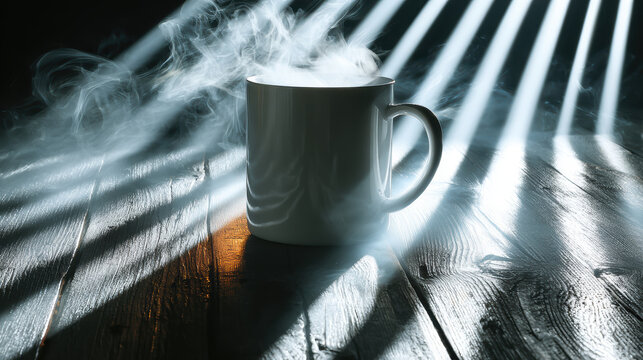 Steaming white mug coffee hot beverage steam wooden table dramatic light sunbeam shadow morning warm - Powered by Adobe