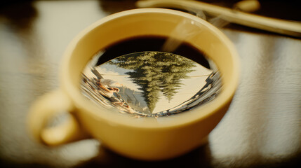 Yellow ceramic cup reflecting street scene and tree lined avenue with warm mood