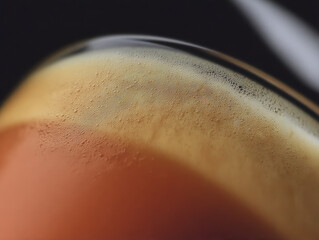Espresso crema foam closeup with rich brown liquid and delicate bubbles, warm cozy mood