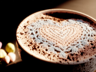 Heart shaped latte art on hot chocolate with cocoa dusting and warm lighting