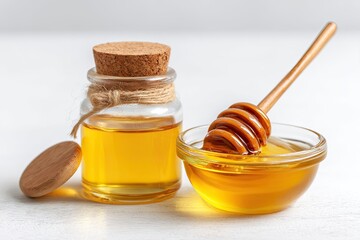 Clear bottle of honey with cork, & bowl with honey dipper on white