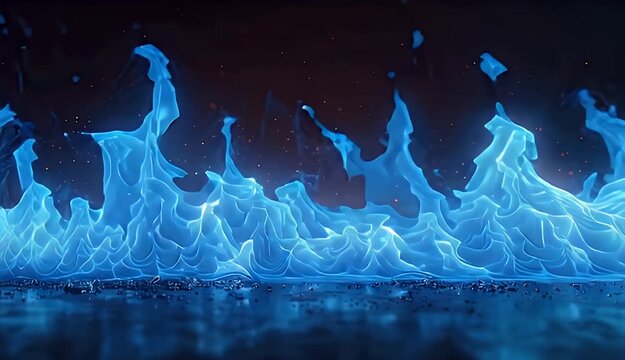 Abstract Blue Fire Flames Dance in Darkness with Glowing Particles and Reflections on Wet Surface