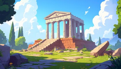 Timeless ancient temple ruins majestically stand on a verdant hill, bathed in warm sunlight under a bright blue sky, depicting a scene of historical serenity and classical beauty
