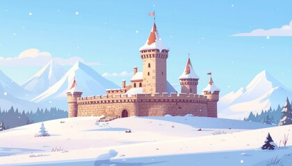 Whimsical Cartoon Winter Castle Illustration Amidst a Pristine Snowy Landscape with Rolling Hills and Pine Forests, Evoking a Magical Fairytale Dreamland