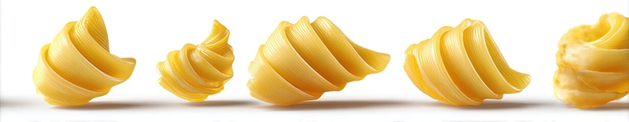 Several yellow butter curls sitting on a white surface