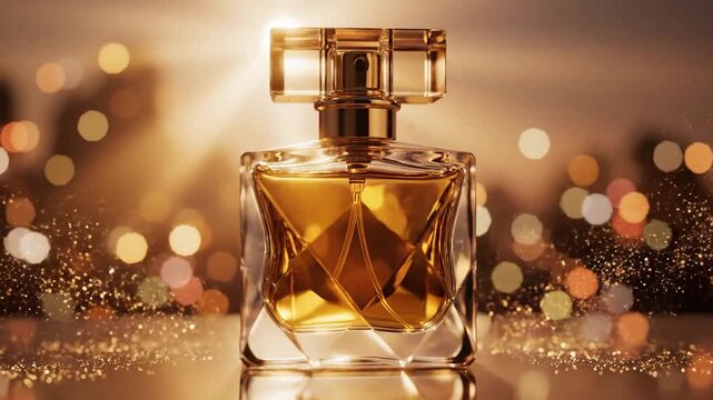 Elegant glass perfume bottle with gold cap standing on reflective surface during golden hour sunset light cinematic 3D render luxury fragrance bottle cosmetic packaging background