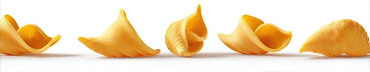 Five curled, uncooked, golden pasta shells