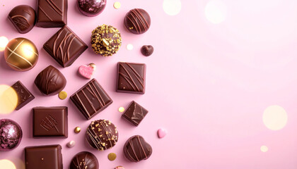 Luxurious chocolate pralines flat lay with pink hearts and bokeh lights