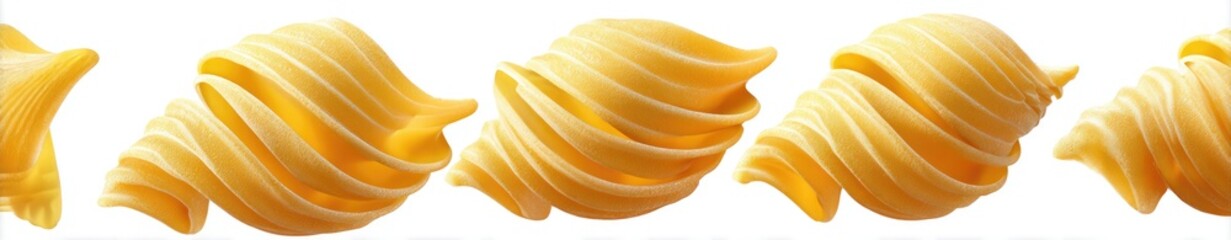 Line of yellow, twisted pasta shapes against a plain white background